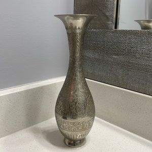 Vintage Silver over Brass Etched Flower Vase 11” Tall India